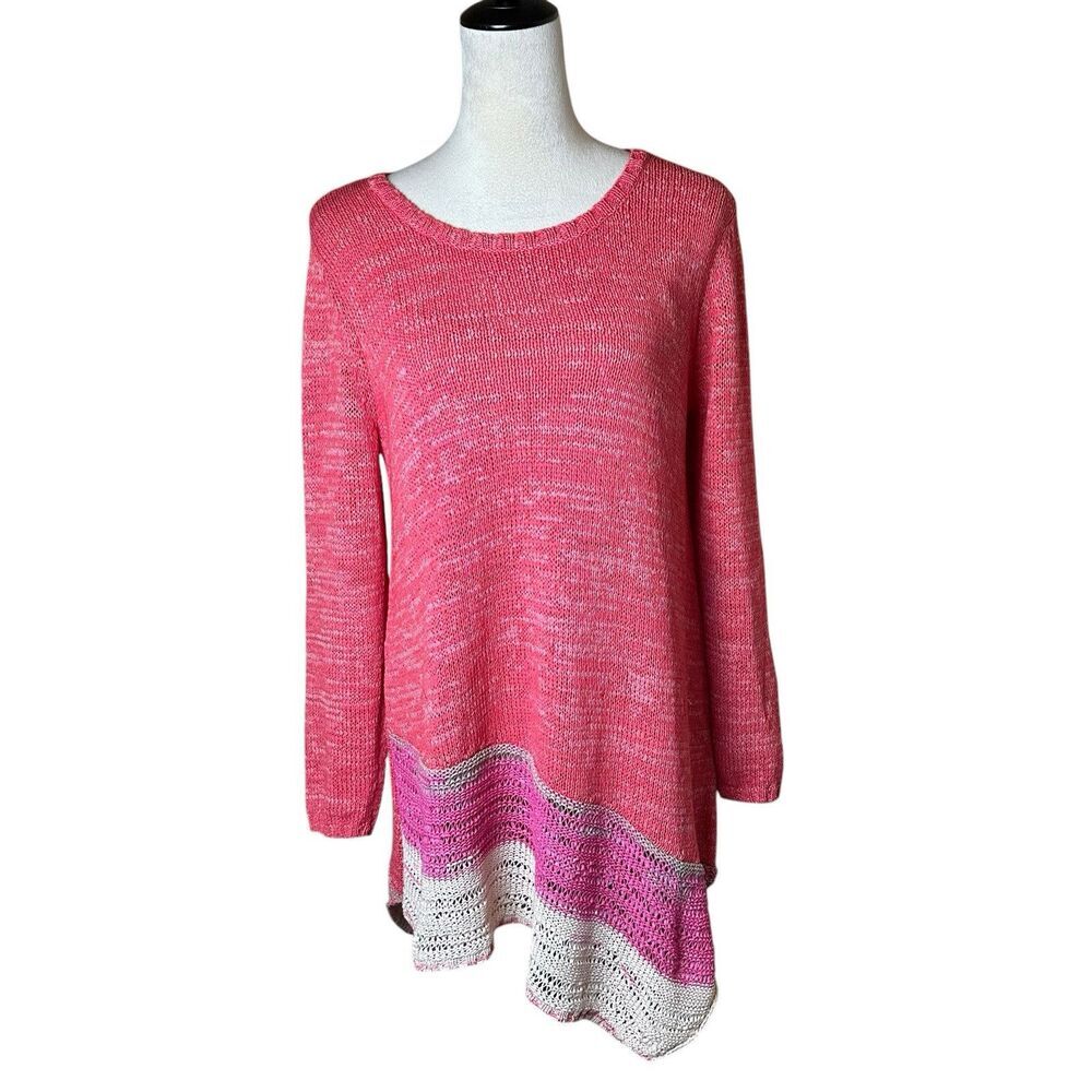 Soft Surroundings Pink Knit Tunic Sweater Top M | Asymmetric Hem Coastal Grandma